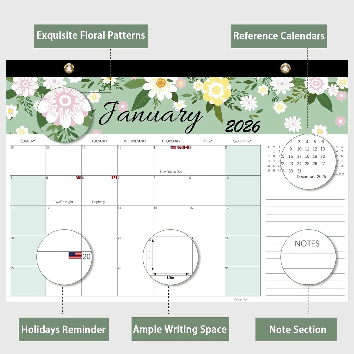 Calendar 2025-2026, Monthly Desk Calendar from July 2025 to December 2026, 17" x 12", Large Desktop Calendar Monthly, Perfect for Home or Office, Floral (Desk(17" x 12"）)