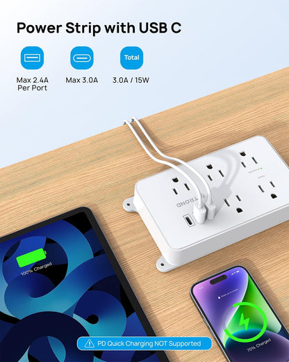 TROND Surge Protector Power Strip 15ft Extension Cord, ETL Listed, 5 Widely Spaced AC Outlets, 2 USB A and 1 USB C, 1300J, Flat Plug Power Strip, Wall Mountable, for Home Office, White