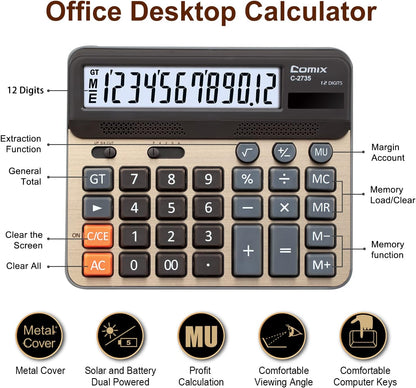 Comix Desktop Calculator, Large Computer Keys, 12 Digits Display, Champaign Gold Color Panel, C-2735