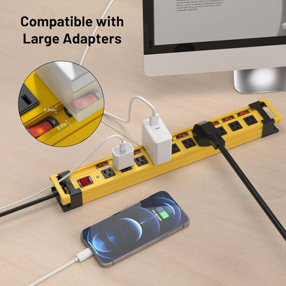 Plug'n 10 Outlet 3300J Surge Protector Power Strip with Individual Switches,Heavy Duty Metal Power Strip with Cord Manager,3FT/14AWG/15AMP/1875W Power Cord for Workshop,Garage