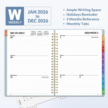 SUNEE 2026 Weekly and Monthly Planner - from January 2026 - December 2026, 6.4" x 8.3" Daily Agenda Planner with Monthly Tab, Flexible Cover, Note Pages, Pockets, Bookmark, Spiral Binding, Gray Blue
