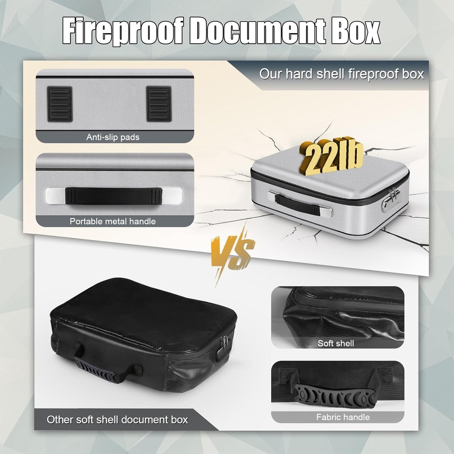 Fireproof Document Box, Hard Shell Fireproof Box, Document Organizer with Lock, Fireproof Water Resistant box, Portable Documents Safe Box for Important Document Certificates, Laptop, Passports,Silver