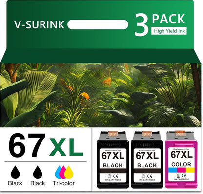 Compatible -Hp Ink 67xl Black and Color Combo Pack New, Hp Envy 6455e Ink Cartridges, 67xl High Yield 3-Pack (2 Black+1 Tri-Color), for Deskjet 2700/4100, Deskjet Plus 4100/4155 (Not for HP+)