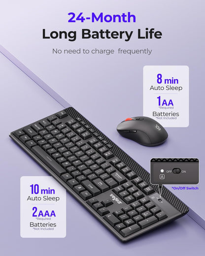 Wireless Keyboard and Mouse Combo, 5-Level Adjustable 4000 DPI Mouse, Quiet 2.4G Full Size Keyboard with 8 Additional Shortcuts, Silent Typewriter for PC, Desktop, Laptop, MacBook