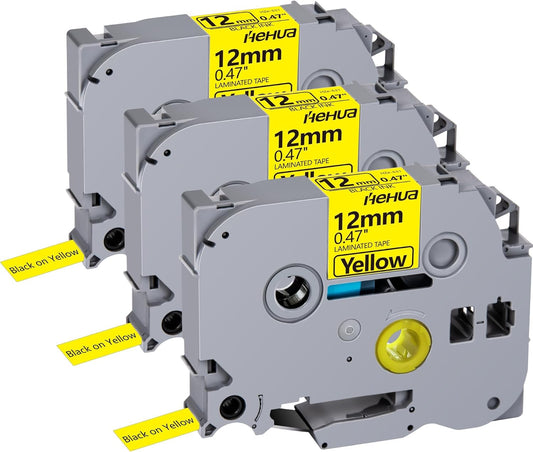 Hehua Tape Tze Tz 12mm 0.47 Black on Yellow Laminated Compatible for Brother TZe-631, TZe631 TZ-631 Label Maker Tape Compatible for Brother Ptouch Tape 12mm 0.47 Yellow for PT-D200, 3 Pack