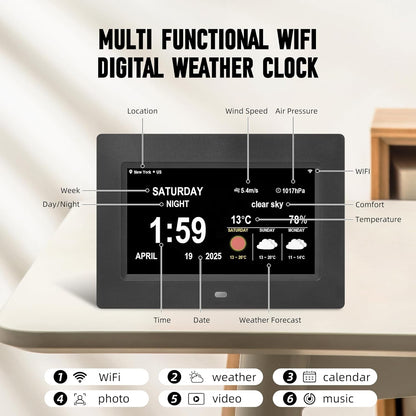WiFi Digtial Wall Clock,Desk Clock with Weather Temperature Humidify,10 Day Weather Forecast,Weather Station with Digital Calendar and Dementia Alarm clockx for Seniors.(Black, 7 inches)