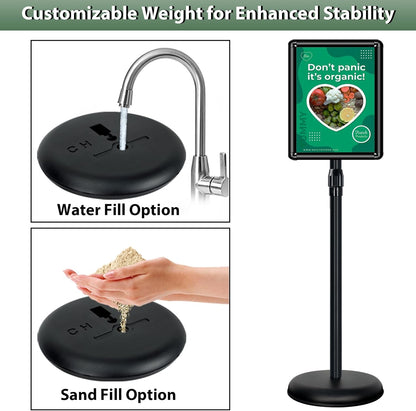 Poster Stand Holder Adjustable Pedestal Floor Standing Sign Holder Vertical and Horizontal View Sign Display, Aluminum Snap Open Frame with Safety Corner (2P-Black-8.5x11)