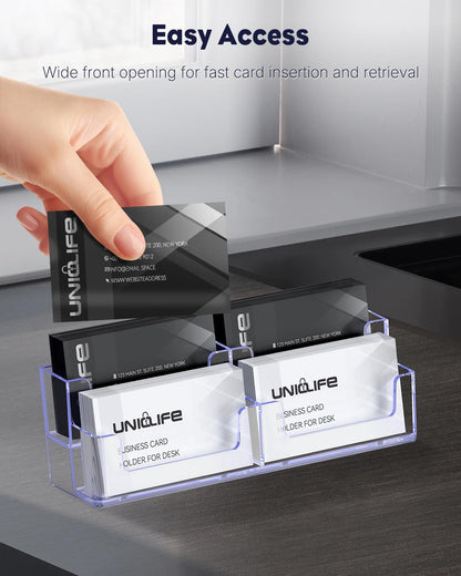 Uniclife 2 Pack Acrylic Business Card Holder for Desk 2 Tiers 4 Slots Clear Business Card Display Stand for Men & Women Desktop Business Card Organizer Card Stand for Office Home, 240 Card Capacity