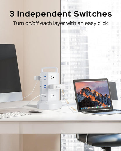 Power Strip Tower Surge Protector, JACKYLED 12 Outlets 6 USB (2 USB C) Charging Station, Extension Cord with Multiple Outlets, 1050J 1625W/13A Outlet Extender 6.5ft Extension Cord for Home Office