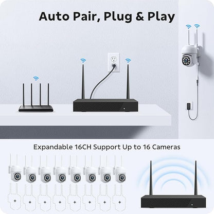 Wireless Security Camera System, CAMCAMP 24/7 Recording Security Cameras Wireless Outdoor 16CH NVR PTZ 2.4G& 5G WiFi 4K Smarting Night Vision Auto Human Tracking CCTV Surveillance Kit(8)