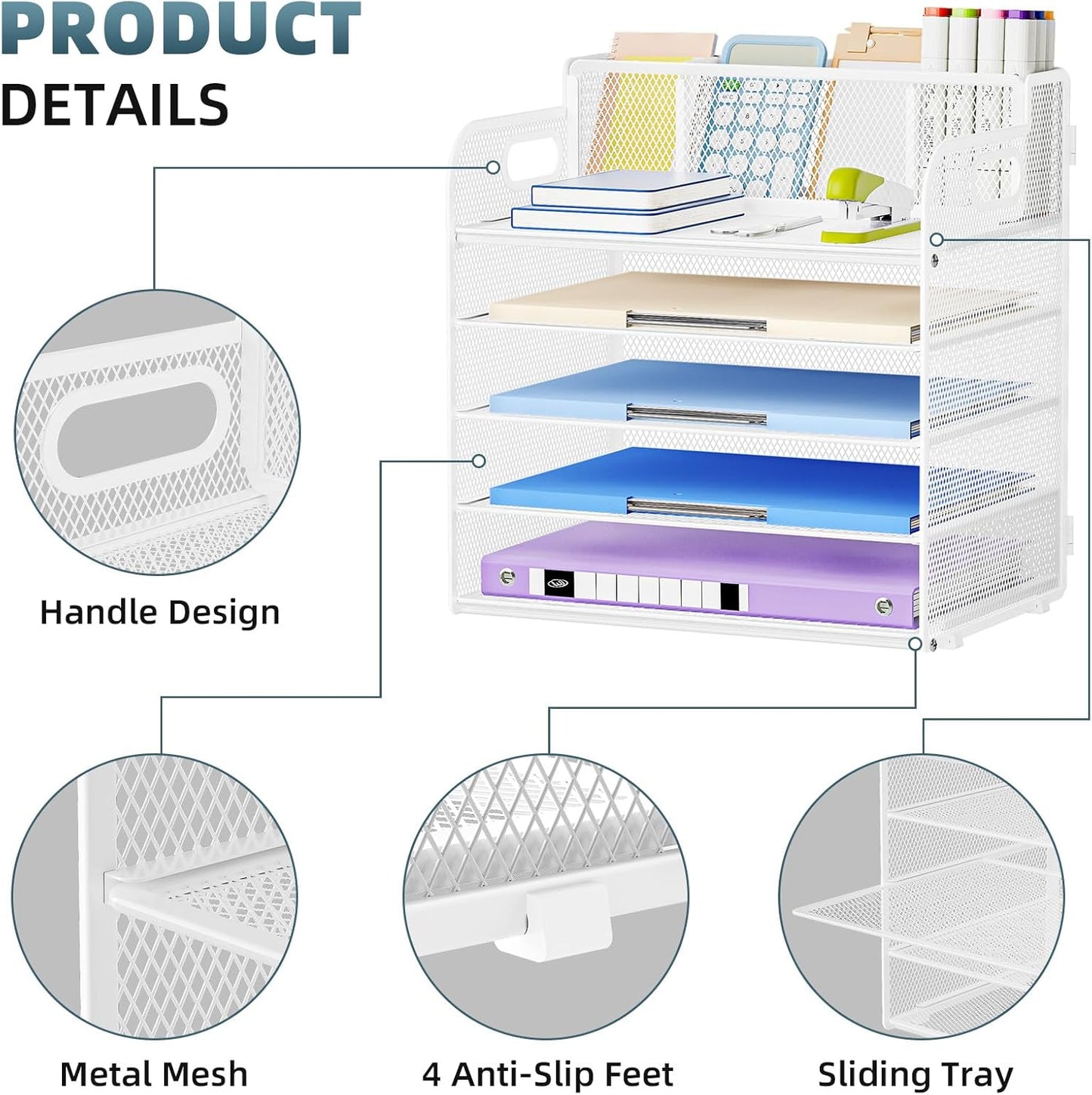 Marbrasse 5 Tier Paper Organizer with 3 Pen Holders, Mesh Desk File Organizer with Handle, Paper Sorter Desk Organizer for Home Office Supplies(White)