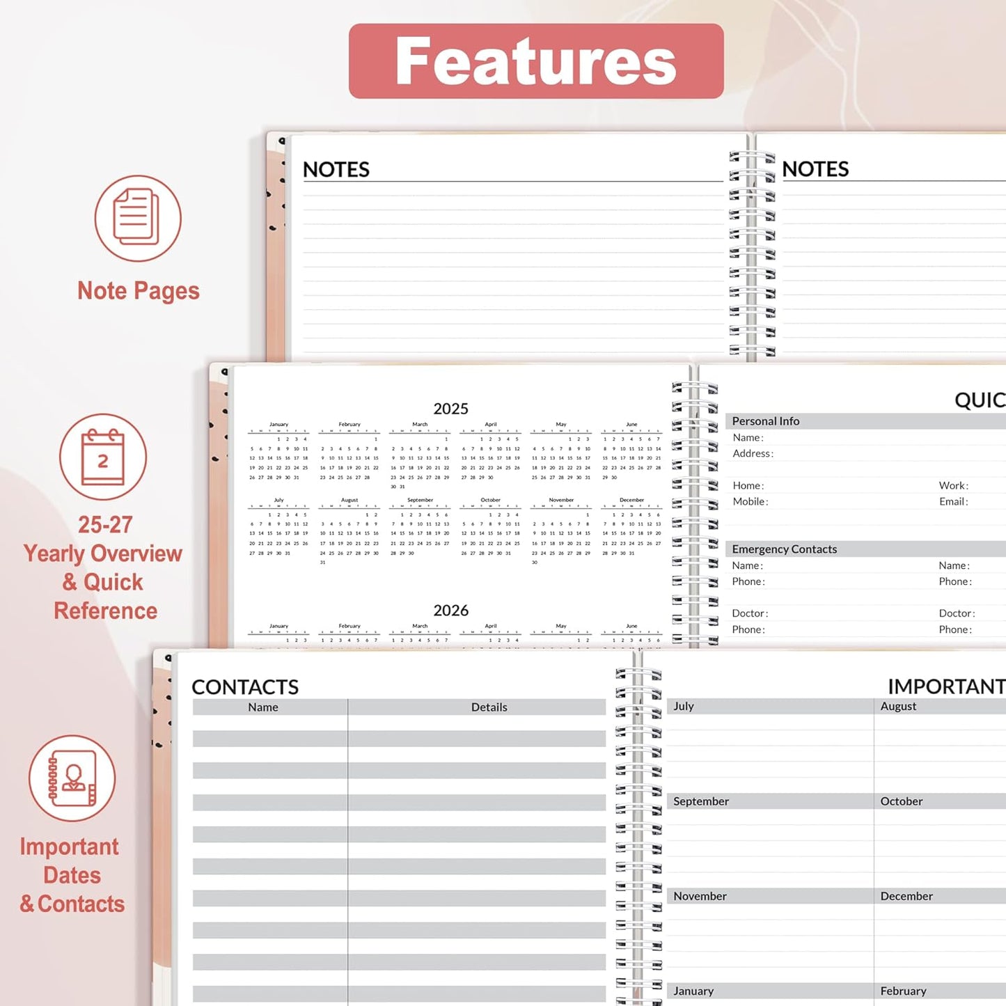 SUNEE 2025-2026 Appointment Book, Quarter-Hourly, Weekly & Monthly - from July 2025 to June 2026, 8.5"x11" Academic Planner, Flexible Cover, Note Pages, Bookmark, Spiral Binding, Blushing Abstract