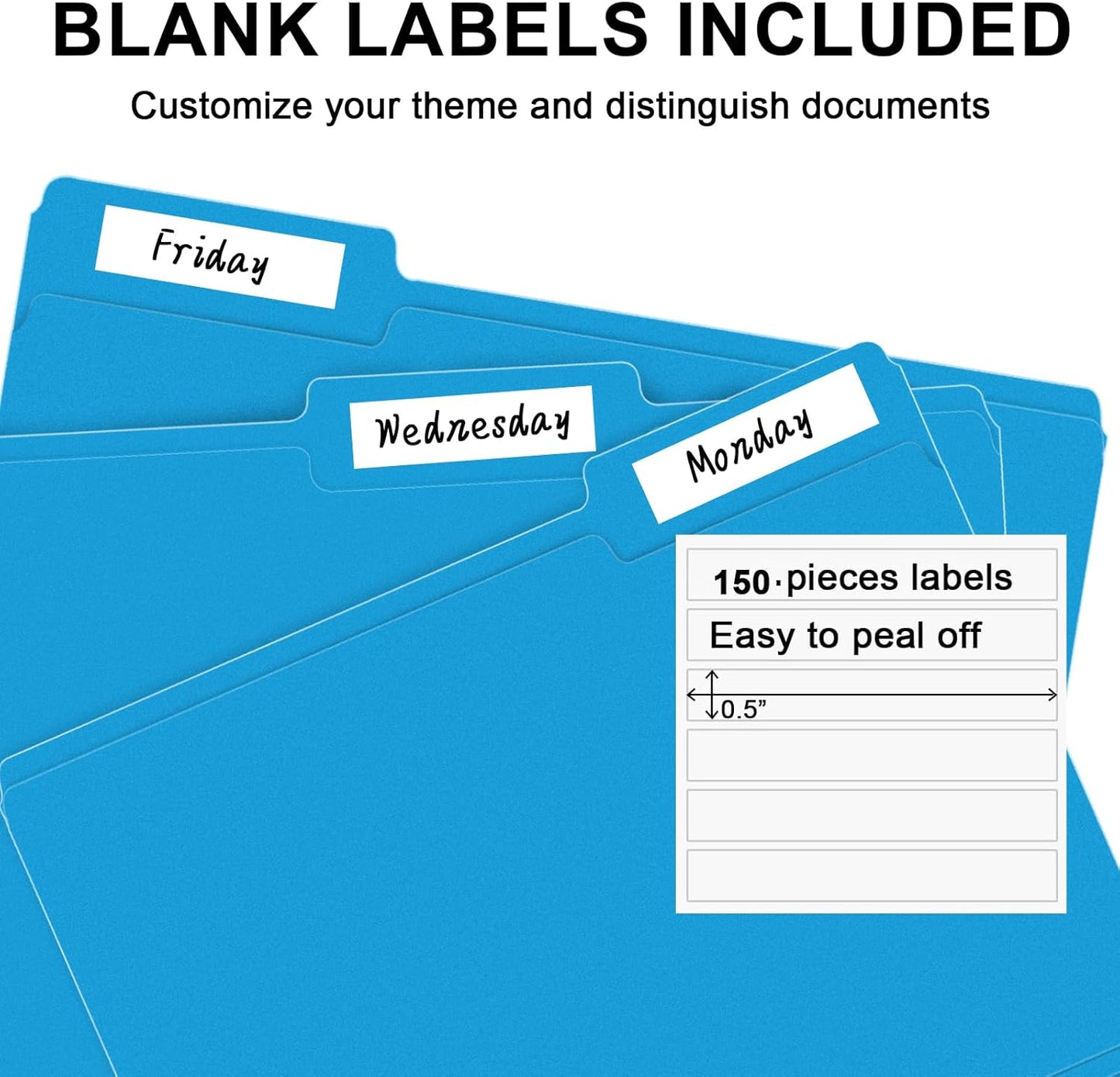 File Folder, RAZCC 150 Pack 1/3 Cut Tab File Folders Letter Size, Blue, Colored Folders with Tab Great for Organizing and Easy File Storage