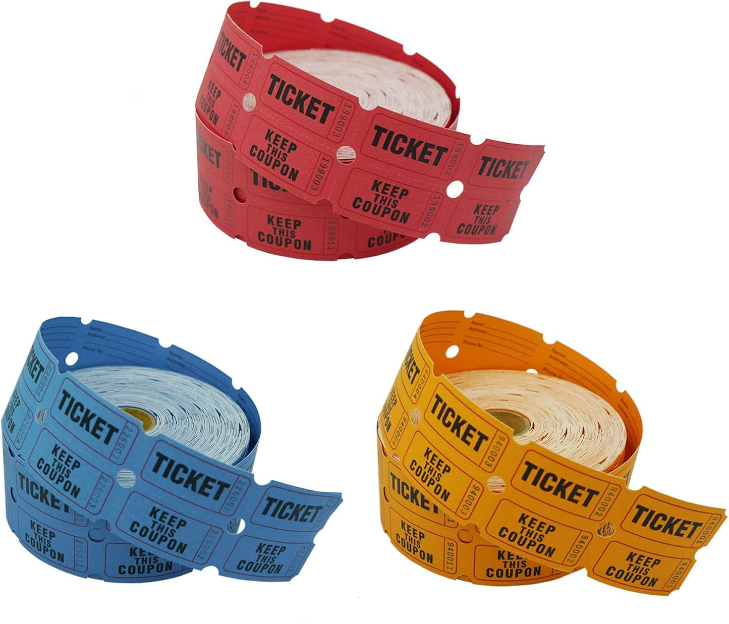 DNB 3000 Pairs Raffle Tickets - 3 Color Set of 1000 2 x 2 Inch 50/50 Double Roll Raffle Tickets - Red/Blue/Orange