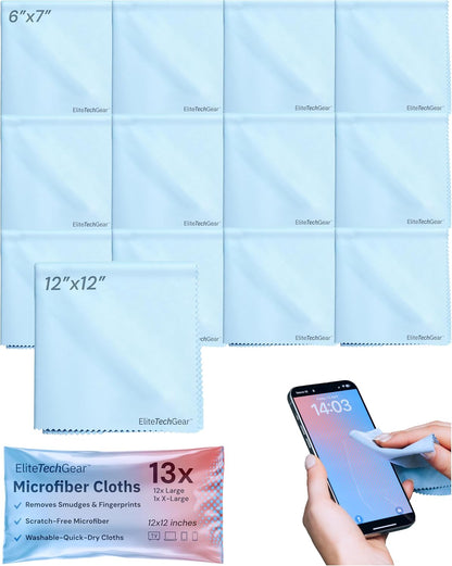 Elite Tech 13-Pack Microfiber Cloth Set - Washable Oversized Cleaner for Eyeglasses, Electronics, Screens & Lenses, Dual Sizes 6"x7" & 12" x12 - Microfiber Cleaning Cloth