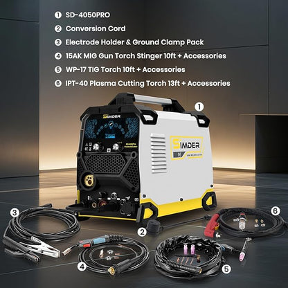 SSIMDER MIG Welder 200A Plasma Cutter Welder Combo With 18PCS 15AK MIG Consumables 10 in 1 Multiprocess Welder Pulse MIG/Gas MIG/Flux Core/HF TIG/Stick/Cut Aluminum Welder for Home DIY Outdoor