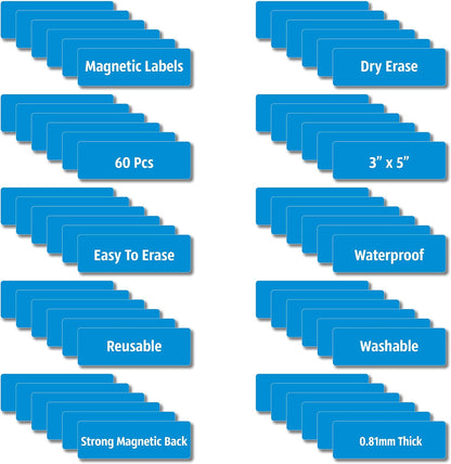 Magnetic Dry Erase Magnets Labels 3x1 inches, Reusable Name Tags, Organizing Schedules in Office/Classroom. Work on Fridge/White Board (Blue 60Pcs)