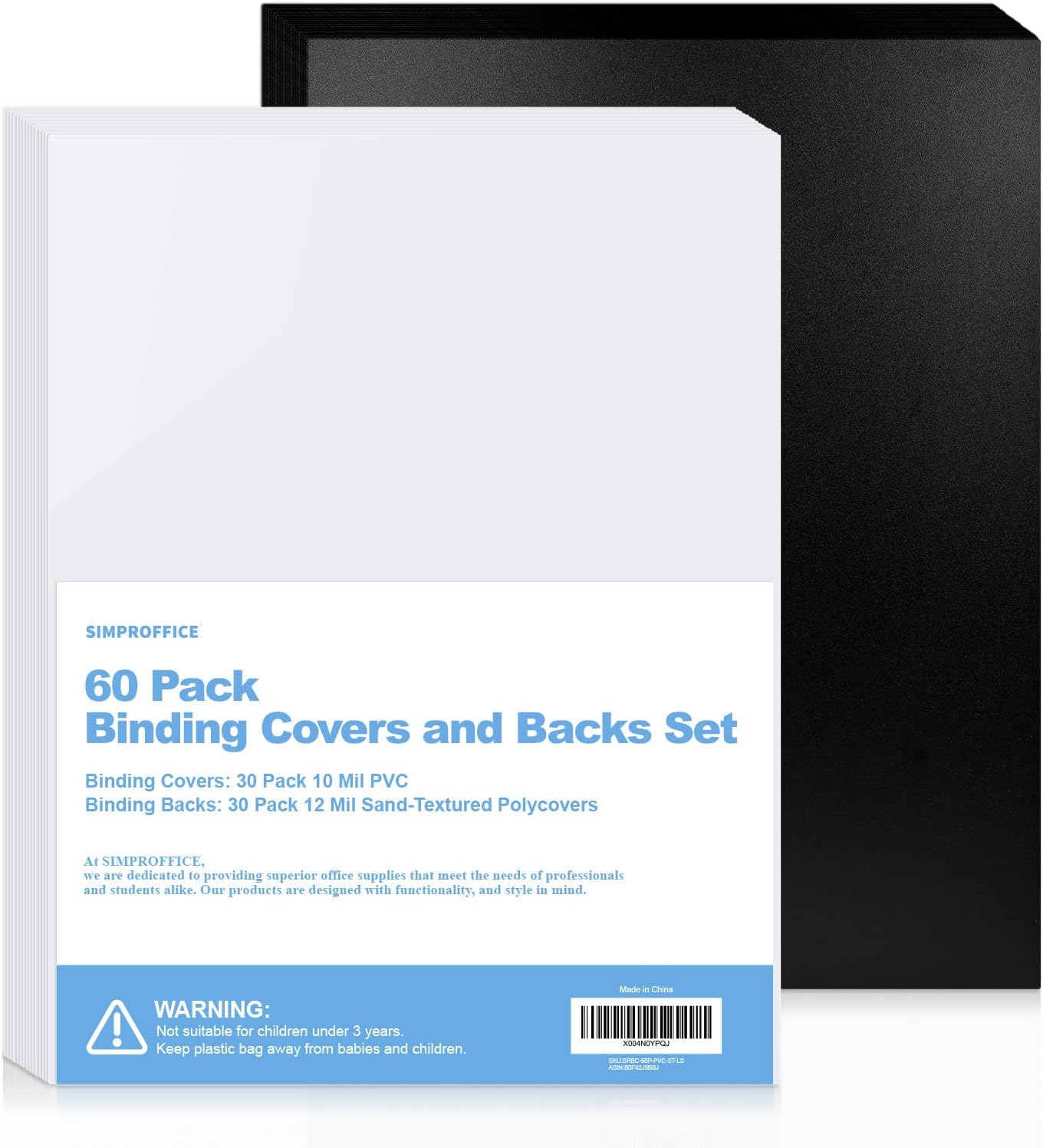 60 Pack Binding Covers and Backs Set, 8.5 x 11 Inches, 30P Clear PVC Covers (10 Mil), 30P Black Sand-Textured Polycovers (12 Mil), Presentation Covers for Binding, Letter Size