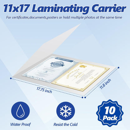 10 Pack ID Card Size Laminator Carrier Sleeve 11.75X17.75 Inch Thermal Laminating Carriers Sheets Protection Thermal for All Brand Laminating Pouches Work Permits Pass Cards Student ID Cards