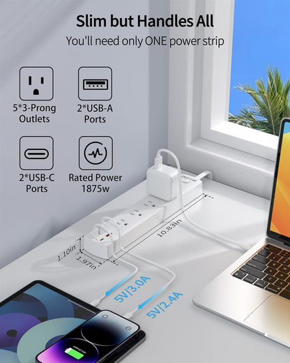 10 Ft Ultra Thin Extension Cord, 5-Outlet Power Strip Surge Protector with 4 USB Ports (2 USB C), 1875W/15A, Low Profile Flat Plug, 1700 Joules, Wall Mount for Home Office, White