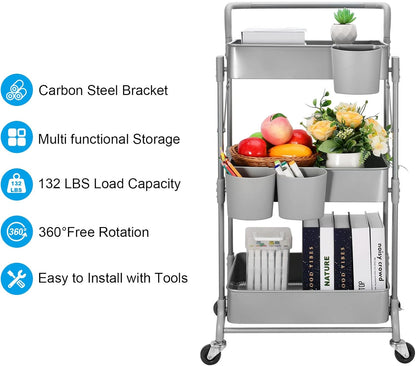 Foldable 3 Tier Metal Utility Rolling Cart, Folding Mobile Multi-Function Storage Trolley Organizer Cart for Home Library Office(Grey)