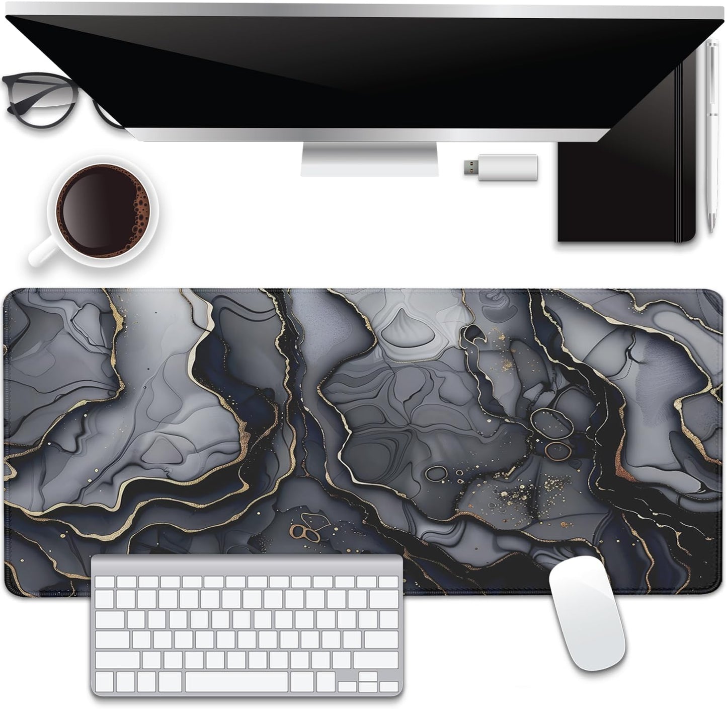 Dark Marble Desk Pad Mouse Pad,Large XL Retro Mouse Mat with Stitched Edges,Non-Slip Rubber Base Mousepad for Office PC Keyboard Laptop and Home Work Desk Mat(27.5X11.8 in)