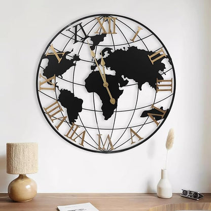 Gugxiom 24 Inch Large World Map Wall Clock Battery Operated, Roman Numeral Wall Clock, Metal Minimalist Modern Clock, for Office Kitchen Bedroom Living Room
