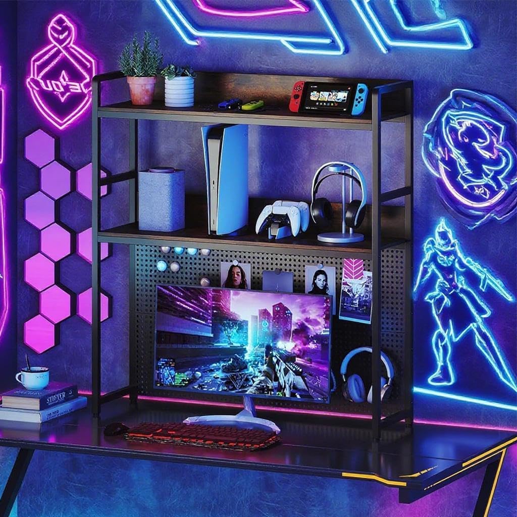 Giantex Desktop Bookshelf, 2-Tier Desk Hutch Dorm with Pegboard for up to 32" Computer Monitor, Industrial Countertop Storage Organizer Rack, Desk Shelf for Home Office, Rustic Brown