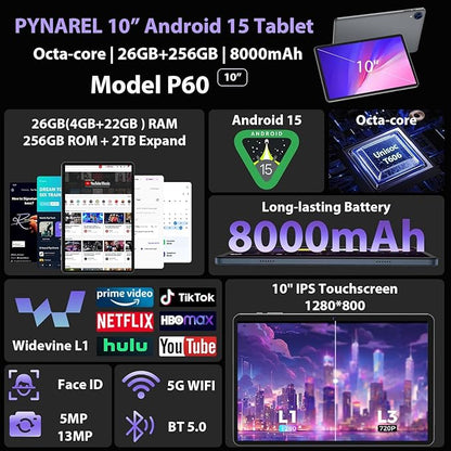 Android 15 Tablet with Keyboard - 26GB+256GB+2TB Expand, Octa-Core, 2.4G/5G Wifi, 8000mAh Battery, Widevine L1, Dual Camera, Face Unlock, 10 Inch 2 in 1 Tablets with Mouse, Stylus (Black Case)
