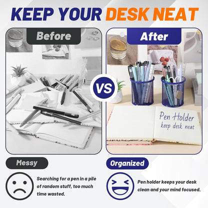 Segarty Pen Cup, 3 Pack Round Cute Dark Blue Pen Holder for Desk, Wire Mesh Pencil Holder Container Set, Desktop Organizer for Office Supplies, Maker, School, Home Storage, Makeup Brush