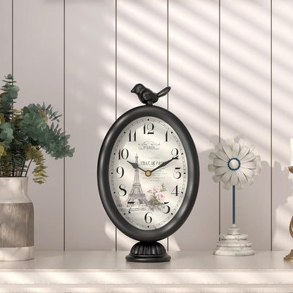 Vintage Table Clock with Bird, Desk and Shelf Decor Clock, French Paris Style, Antique Black Metal Mantel Clocks for Living Room, Farmhouse, Bedroom, Bedside, Gift (10" H x 5.9" W)