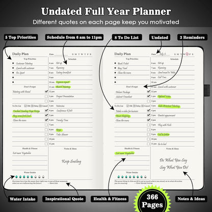 Daily Planner Undated, Planner 2024-2025, 365 Day Planne, Work Planner for Men, Hourly Planner Notebook for Goal Setting, Appointment Planner, Hardcover, Start Anytime, A5, Black