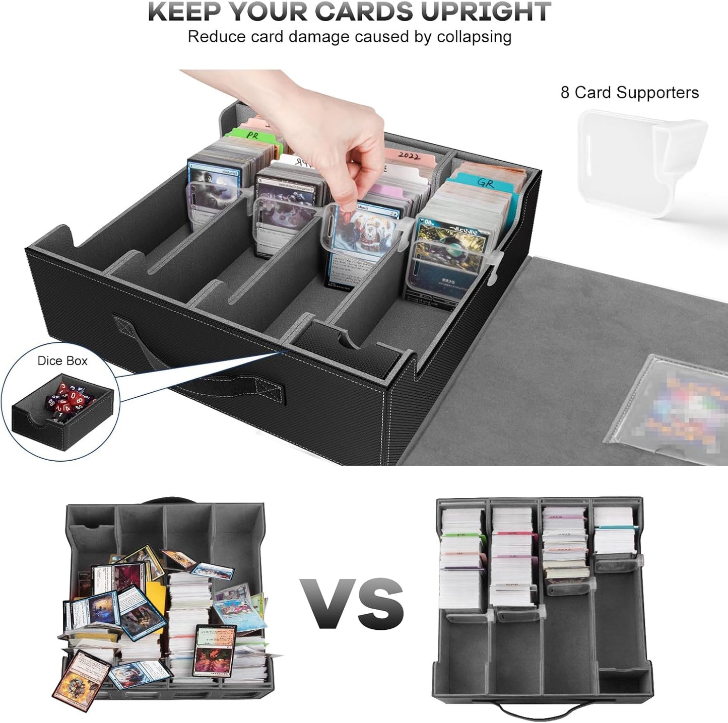3200+ Trading Card Storage Box with Commander Display, 4 Row Card Deck Box with Portable Handle, Compatible for TCG/MTG/Magic Cards, 30 Colorful Divider, 8 Supporters, US Design Patent (Black&Grey)