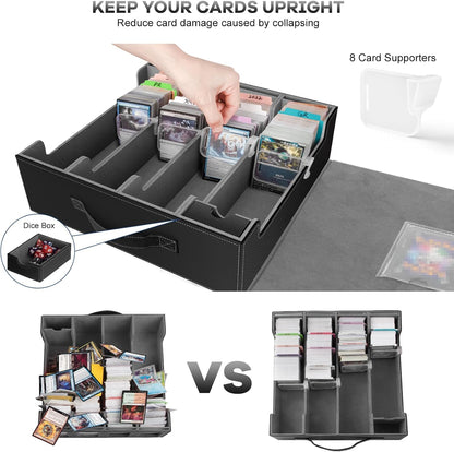 3200+ Trading Card Storage Box with Commander Display, 4 Row Card Deck Box with Portable Handle, Compatible for TCG/MTG/Magic Cards, 30 Colorful Divider, 8 Supporters, US Design Patent (Black&Grey)