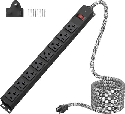 HEZI 20 Amp Power Strip Surge Protector 1200J, Metal 8 Outlets Heavy Duty 20amp, 15Ft 12 Gauge Extension Cord for Appliance Workbench Garage Industrial, Combine with T-Plug Adapter,5-20R T-Slot