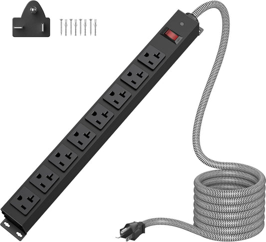 HEZI 20 Amp Power Strip Surge Protector 1200J, Metal 8 Outlets Heavy Duty 20amp, 15Ft 12 Gauge Extension Cord for Appliance Workbench Garage Industrial, Combine with T-Plug Adapter,5-20R T-Slot