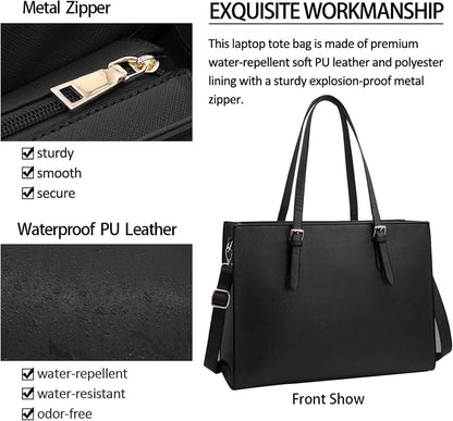 Laptop Bag for Women Waterproof Lightweight Leather 15.6 Inch Computer Tote Bag Business Office Briefcase Large Capacity Handbag Shoulder Bag Professional Office Work Bag Black