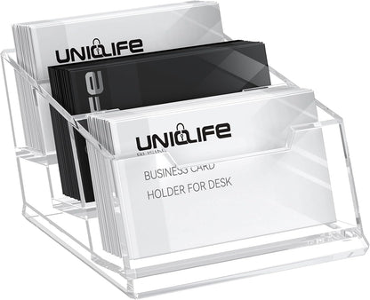 Uniclife Acrylic Business Card Holder for Desk 3 Slots Clear Business Card Display Stand for Men & Women Desktop Business Card Organizer Card Stand for Office Home Exhibition, 180 Card Capacity
