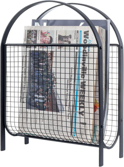 MyGift Mid-Century Design Magazine Rack, Matte Black Tone Metal Mesh Freestanding Magazine Organizer Holder Sling