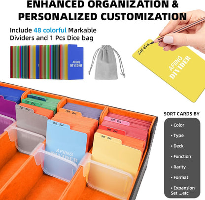 AFIING 4-Row Trading Card Storage Box – Holds 3200+ Cards, 48 Dividers & 4 Stoppers, Card Deck Box for MTG TCG Sports Cards – Includes 1 Dice Bag(Black Orange)