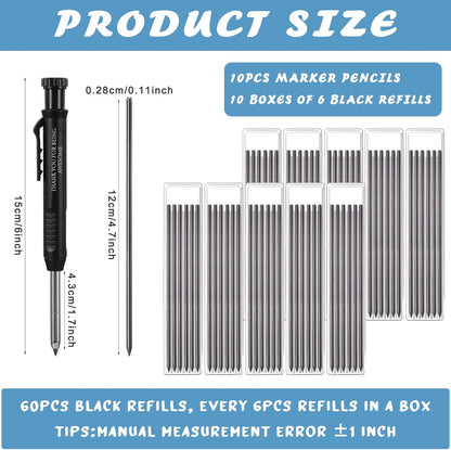 Colarr 10 Pcs Mechanical Carpenter Pencil with 60 Refill Deep Hole Mechanical Pencil Marker with Sharpener Black Solid for Carpentry Architect Birthday Thanksgiving Gift