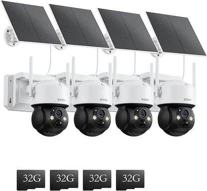ZOSI C291 4 x 2.5K 4MP Wireless Battery Security Camera Outdoor, Solar Powered Pan/Tilt Camera, 360 View, Human Detect, Auto Track, Color Night Vision, 2-Way Talk, Light Siren Alarm, 32GB Memory Card