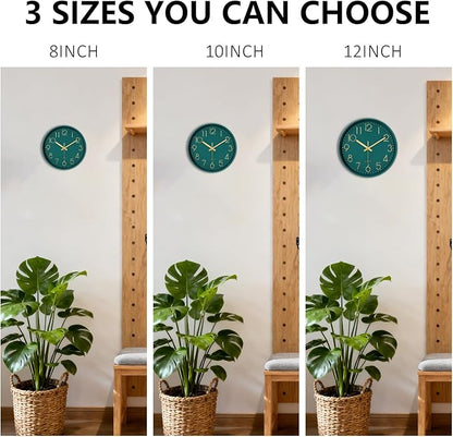 Modern Silent Wall Clock, 12 Inch Wall Clocks Battery Operated Large Number, Non-Ticking Analog Clock with Tempered Glass Quartz Clocks for Living Room Bedroom Office Kitchen, Dark Green