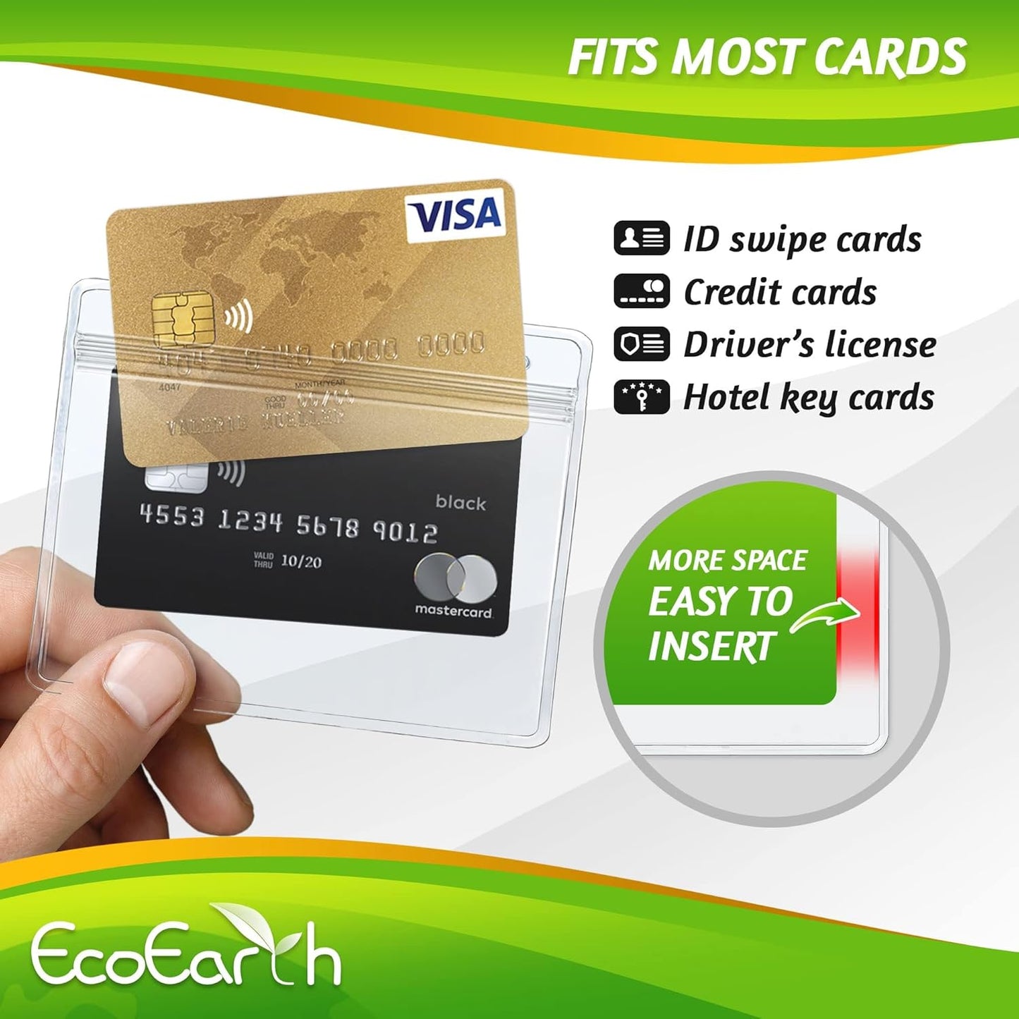 EcoEarth - Horizontal PVC Card Protector with Metal Clips and Vinyl Straps with Soft Edge - Sealable Fits 4x3 inch Inserts - Clear, 100 Pack - Waterproof ID Holder Bulk - ID Card Holder