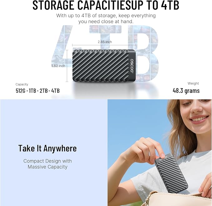 2TB Portable SSD – USB 3.2 Gen 2x2 External Solid State Drive, Up to 2000MB/s, Dual USB-C & USB-A, Compatible with Smartphones, Laptops, Tablets, Smart TVs, Cameras, Game Consoles
