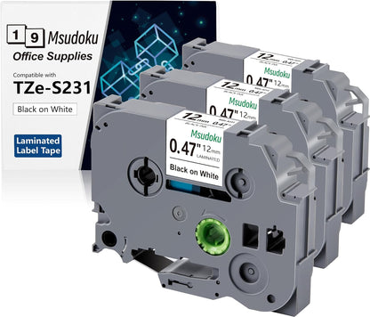 3 Pack 12mm 0.47 Extra Strength Adhesive Laminated White Tape Compatible for Brother TZ TZe S231 for Ptouch PT D210 D200 H110 H100, 1/2'' x 26.2ft Black on White