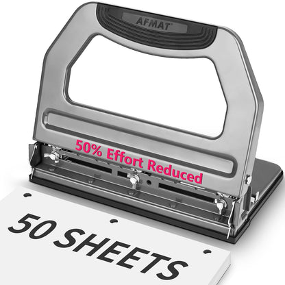 AFMAT Heavy Duty 3 Hole Punch, 50-Sheet, 50% Reduced Effort, Adjustable Two & Three Hole Punch, Metal Paper Puncher w/Large Chip Tray, Metal Paper Guide, Gray
