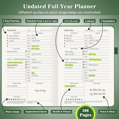 Asten Planner, Undated Daily Planner with To Do List, 365 Days Planner for ADHD Adult, Agenda for, Hourly Planner Notebook for Goal Setting, Productivity Planner with Calendar, 8.3'' x 5.8'' (Green)