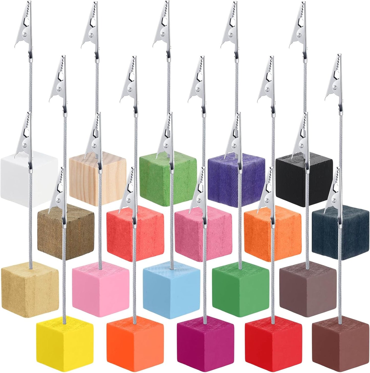 20 Pcs Cube Base Memo Clip Holder with Alligator Clip Wood Table Number Holder Cube Base Place Card Stand Mini Photo Menu Stand for Displaying Number Card(Multi Color)