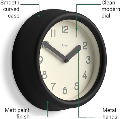 JONES CLOCKS® Fuze Wall Clock | Small Round Clock | Black | Playful Modern Design with Soft sculptural Presence | Ideal for Kitchens Living Rooms Kid's bedrooms